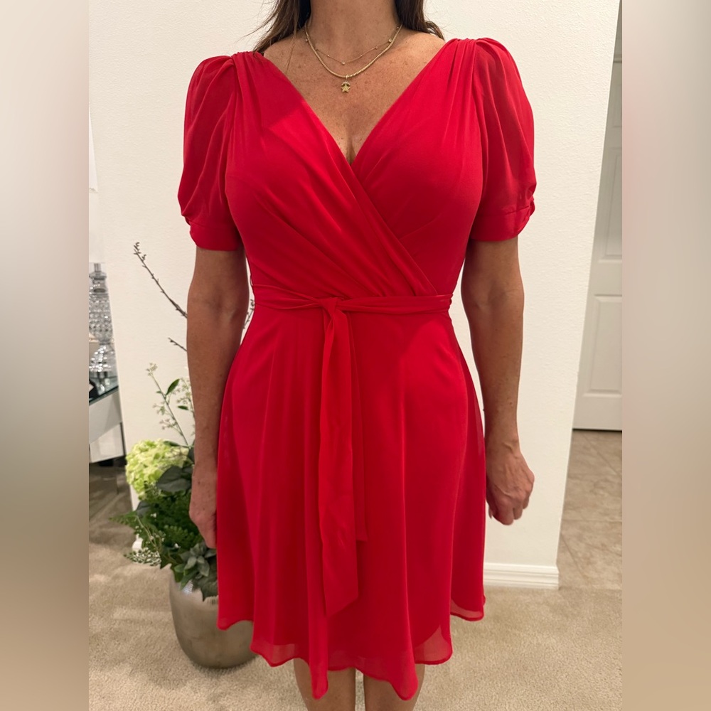 Dkny Red Wrap Midi Dress with Puff Sleeves